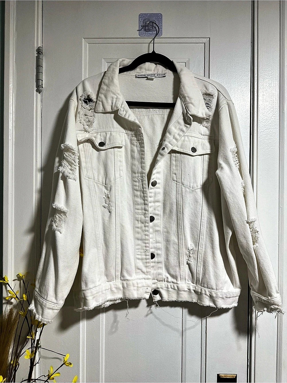 HYFVE Distressed White Denim Jacket Size Medium